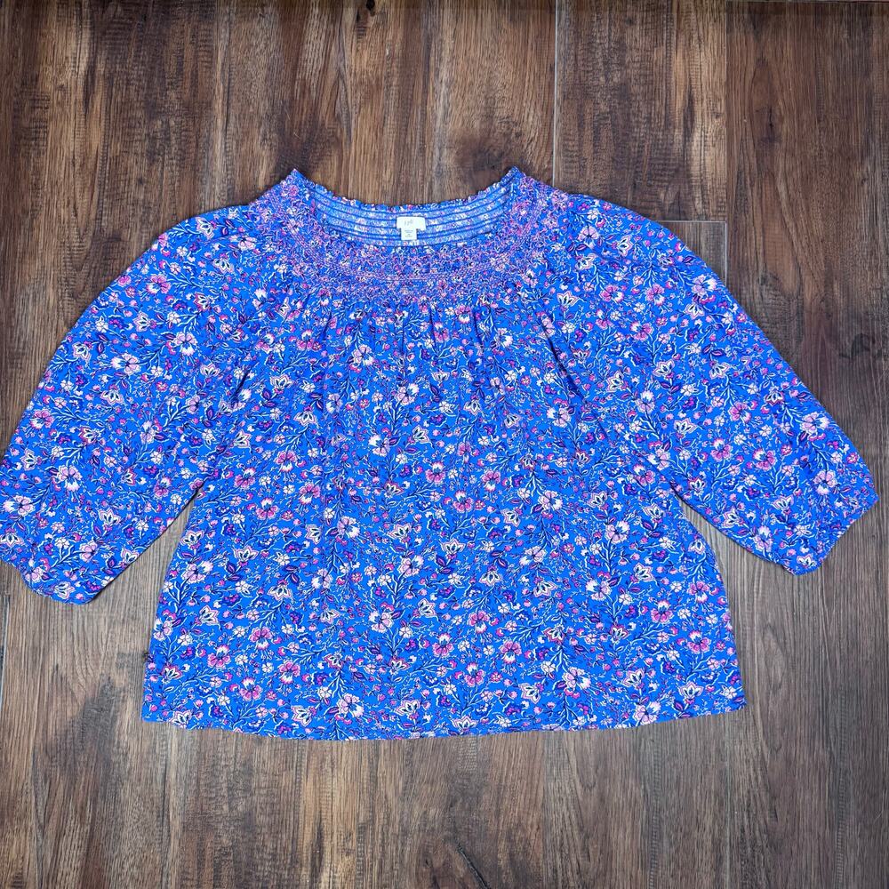 J.Jill blue pink floral smocked MEDIUM Petite A-line cottagecore blouse